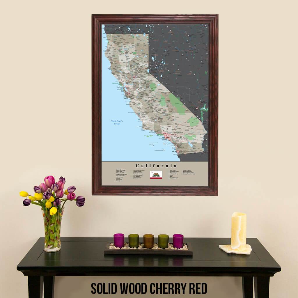 Framed California Earth Toned Travel Map with Push Pins in Solid Wood Cherry Frame