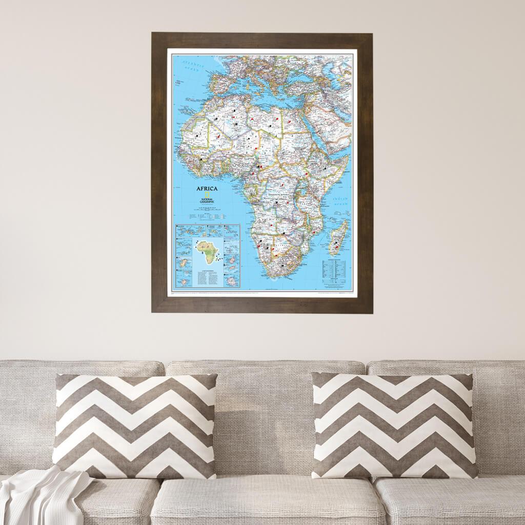 Classic Africa National Geographic Travel Map with Pins in Rustic Brown Frame