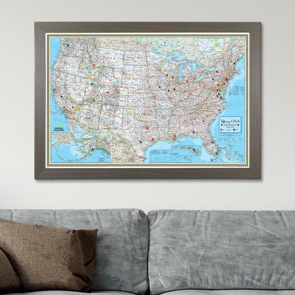 Canvas Classic USA Push Pin Travel Map Barnwood Gray Frame
