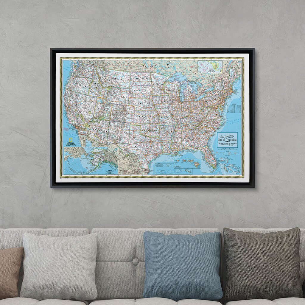 Black Float Frame - 24x36 Gallery Wrapped Classic USA Push Pin Travel Map