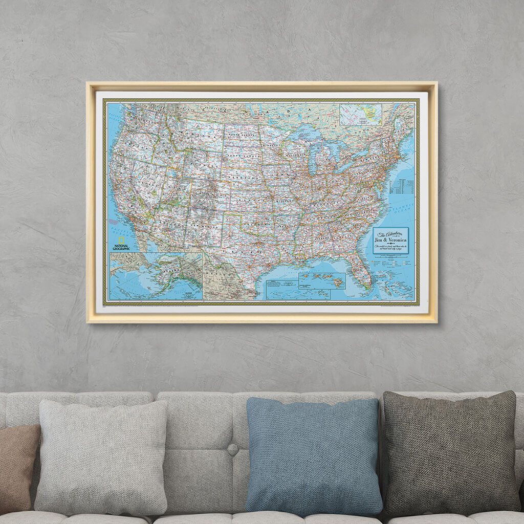 Natural Tan Float Frame - 24x36 Gallery Wrapped Classic USA Push Pin Travel Map