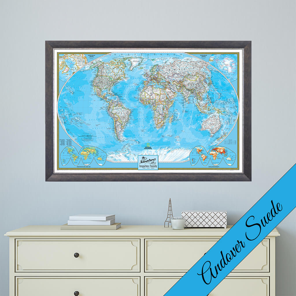 Canvas Classic World Push Pin Travel Map in Premium Andover Suede Frame