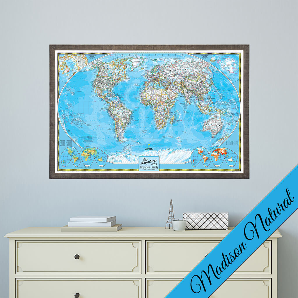 Canvas Classic World Push Pin Travel Map in Premium Madison Natural Brown Frame