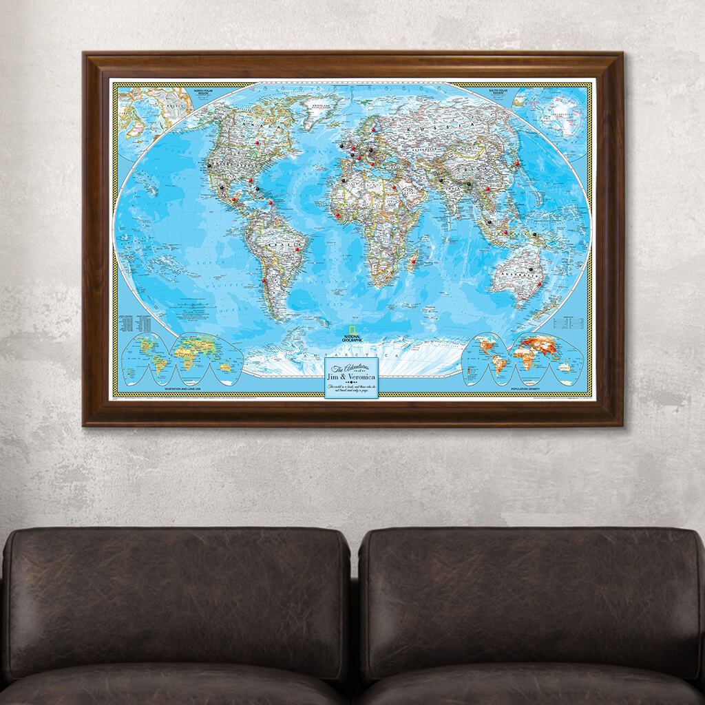 Canvas Classic World Push Pin Travel Map Brown Frame