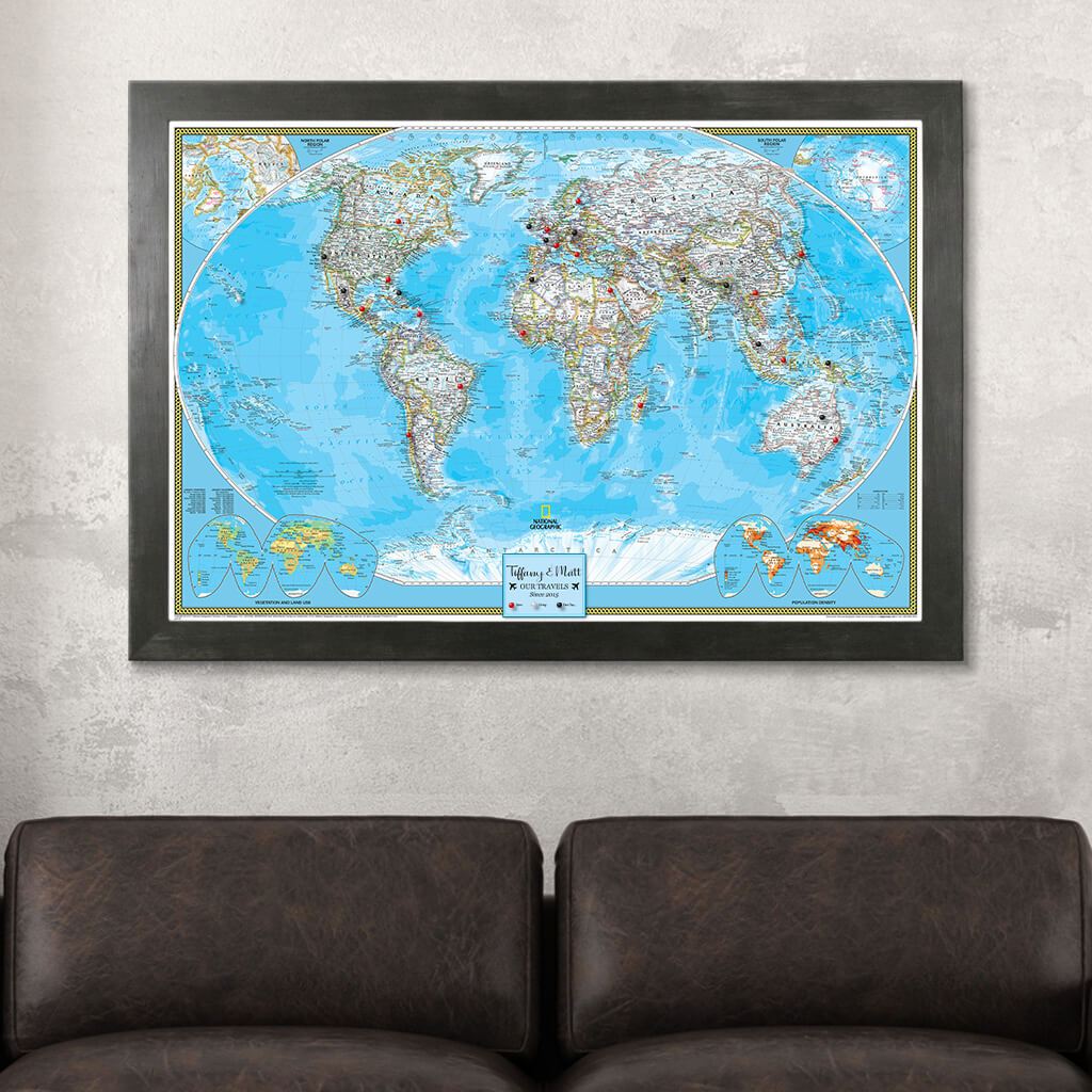 Canvas Classic World Push Pin Travel Map Rustic Black Frame