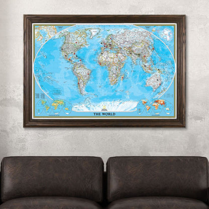 Canvas Classic World Push Pin Travel Map Solid Wood Brown Frame