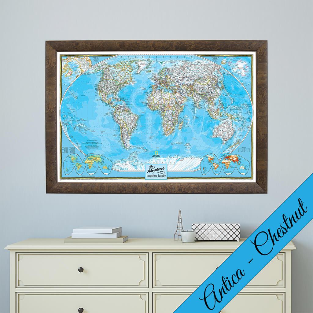 Canvas Classic World Push Pin Travel Map in Antica Chestnut Frame
