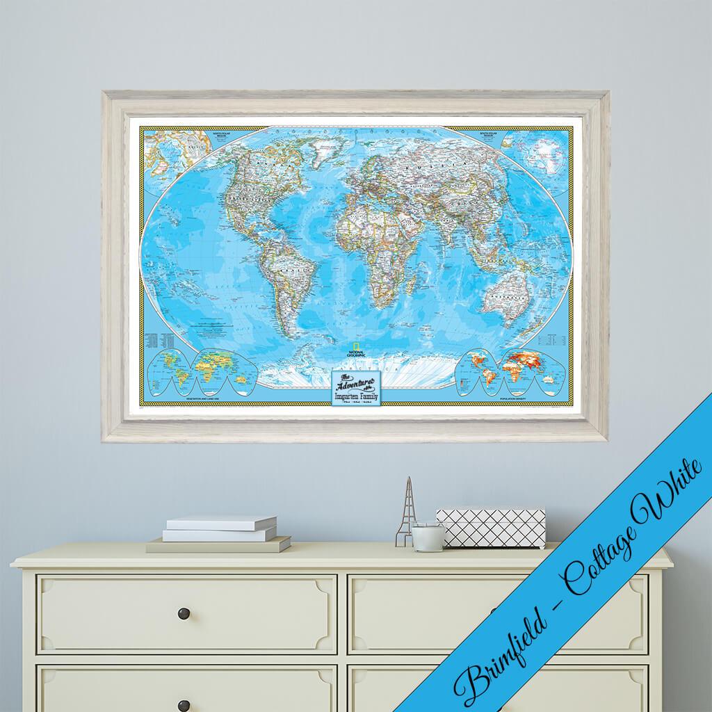 Canvas Classic World Push Pin Travel Map in Premium Brimfield Cottage White Frame