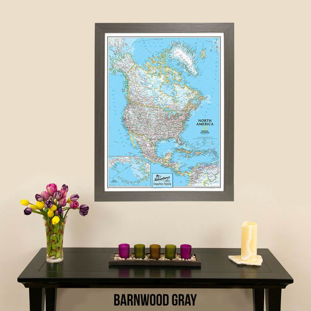 Canvas Classic North America National Geographic Push Pin Travelers Map with pins in sleek barnwood gray frame