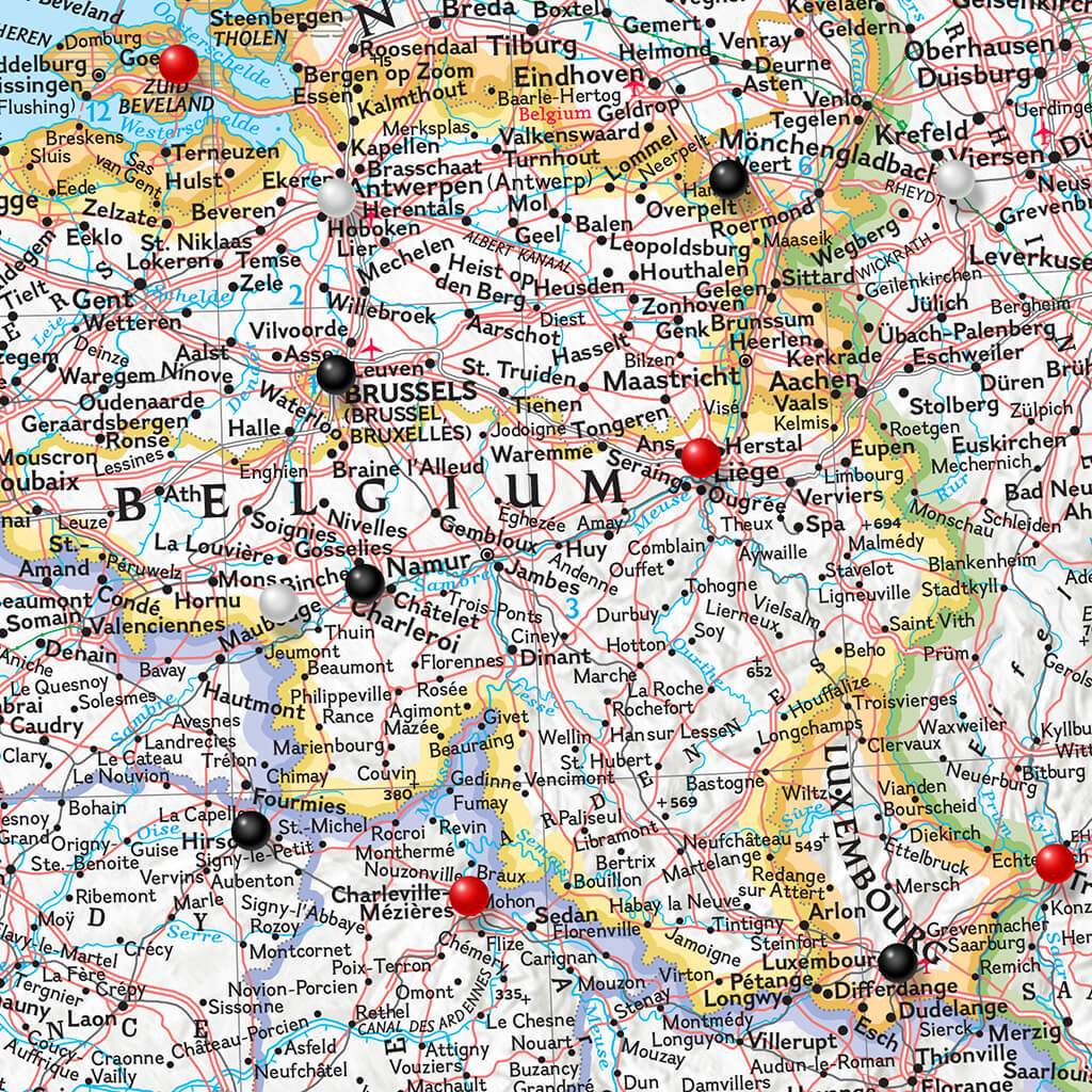 Closeup of Belgium on Classic France, Belgium, Netherlands Travel Map with Pins