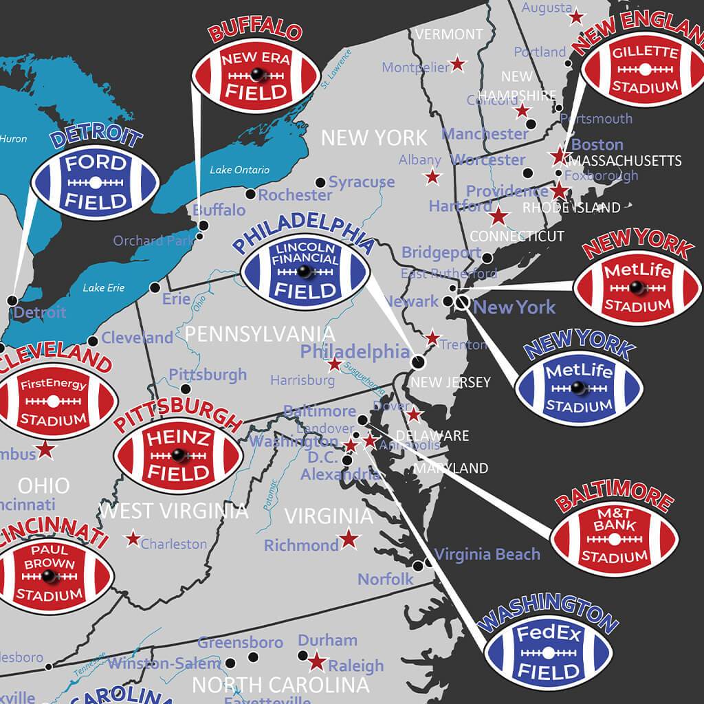 Closeup of East Coast Stadiums