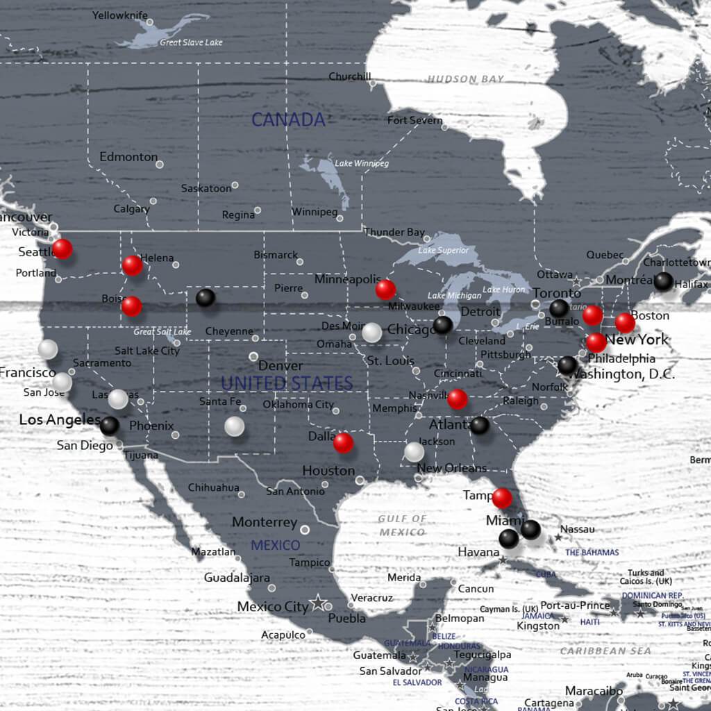 Closeup of USA on Gray Anniversary World Map with Pins