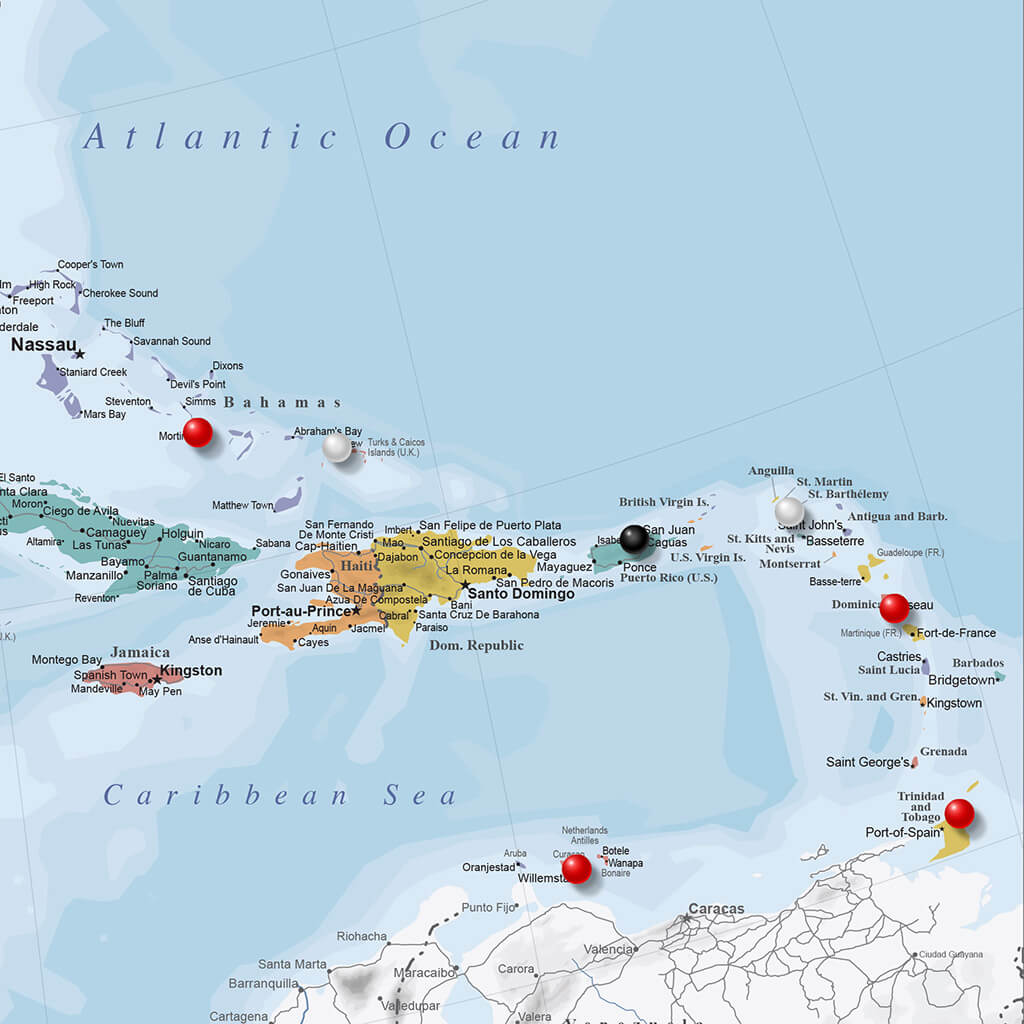 Closeup of Caribbean on Blue Oceans North America Travel Map with Pins
