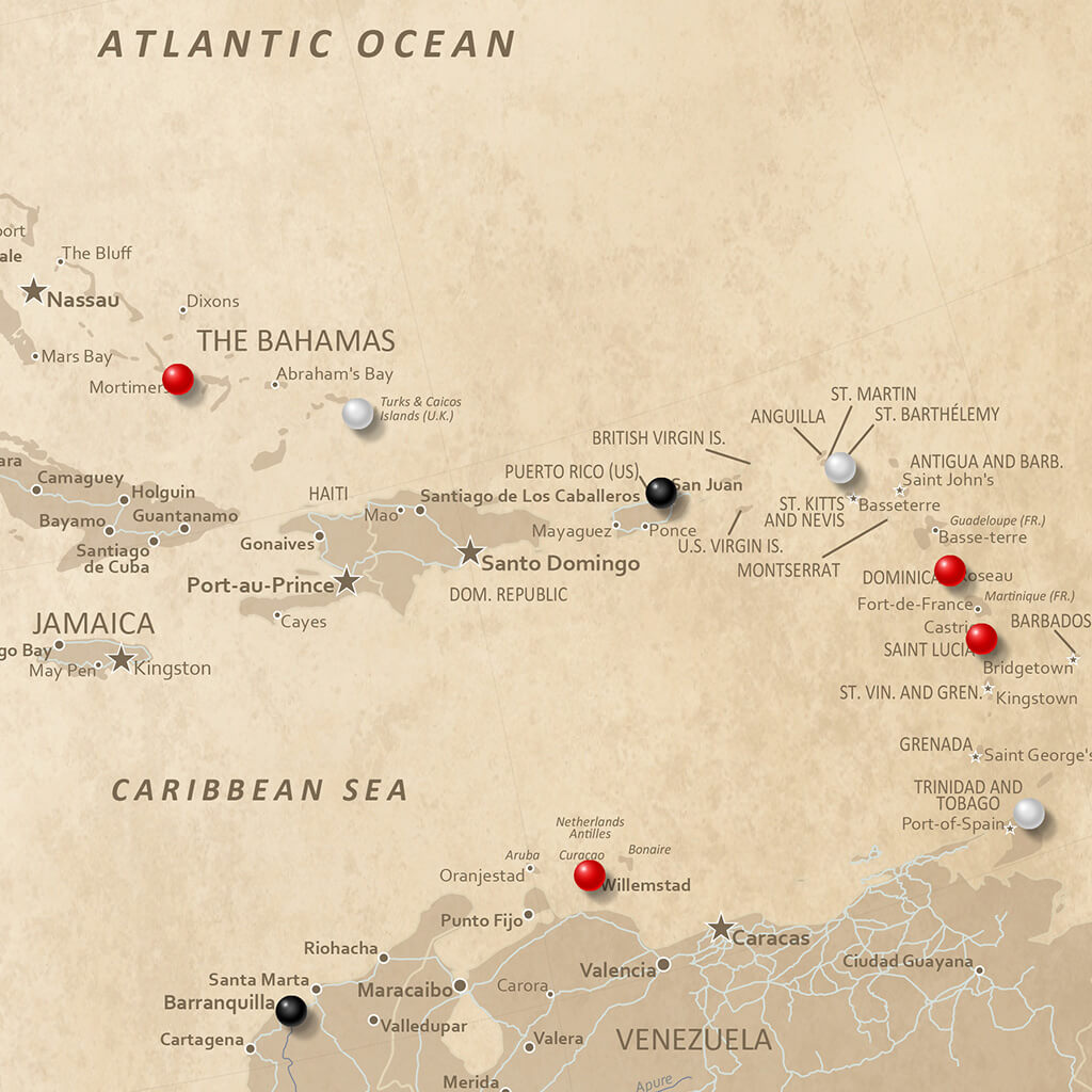 Closeup of Caribbean on Vintage North America Travel Map