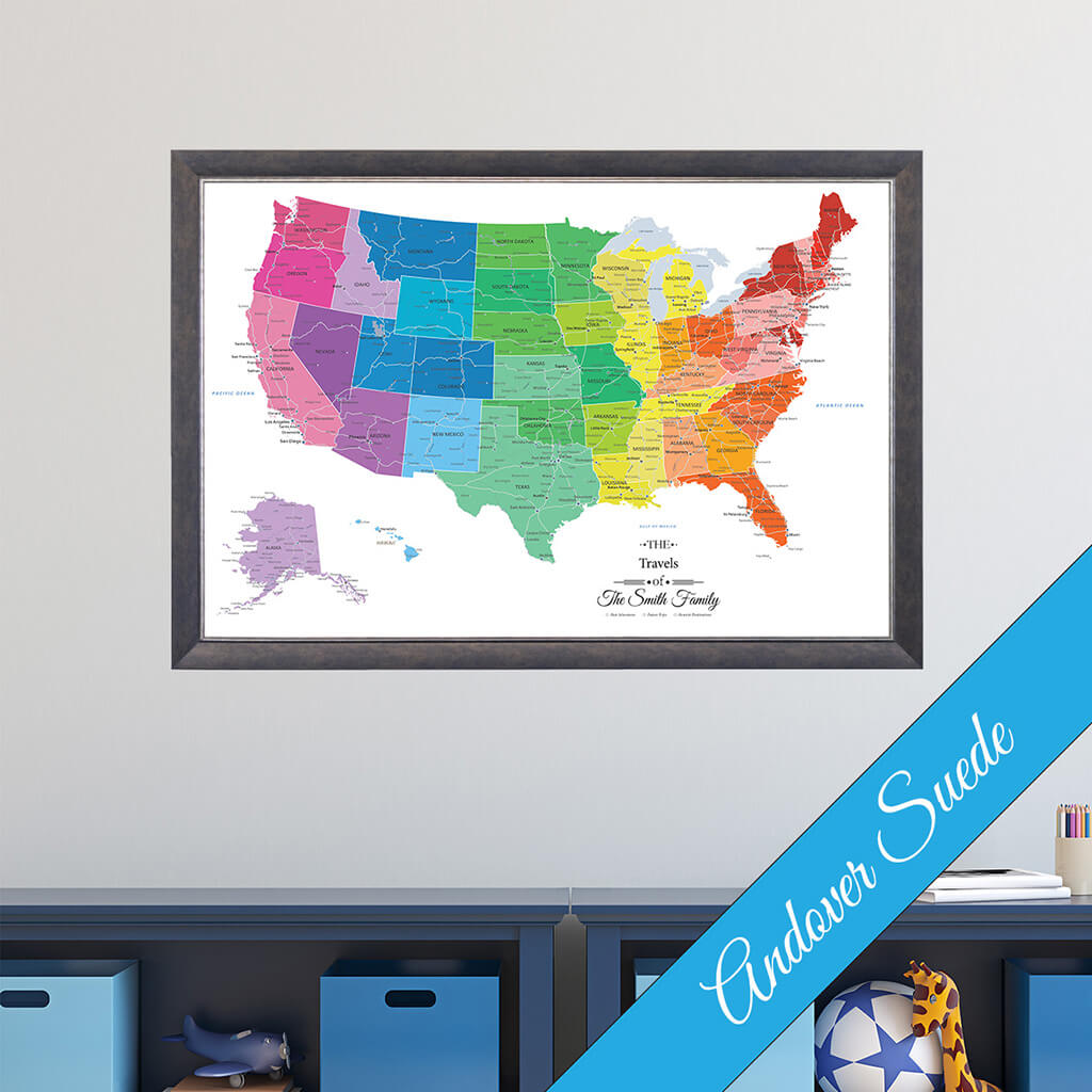Canvas Colorful USA Travel Map with Andover Suede Frame