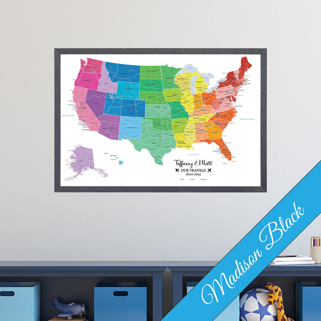 Canvas Colorful USA Travel Map with Madison Black Frame Frame