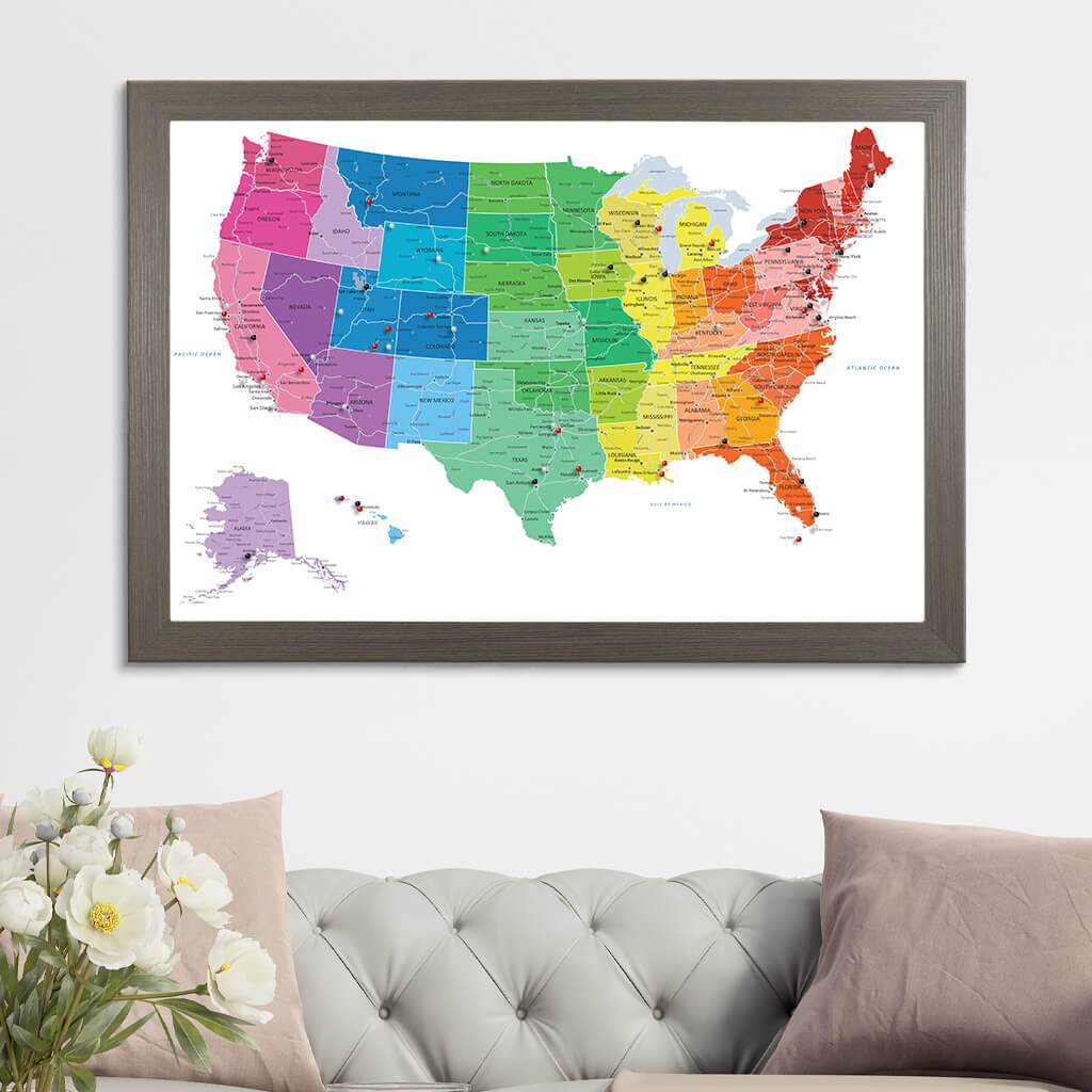 Canvas USA Travel Map with Pins - Colorful with Barnwood Gray Frame