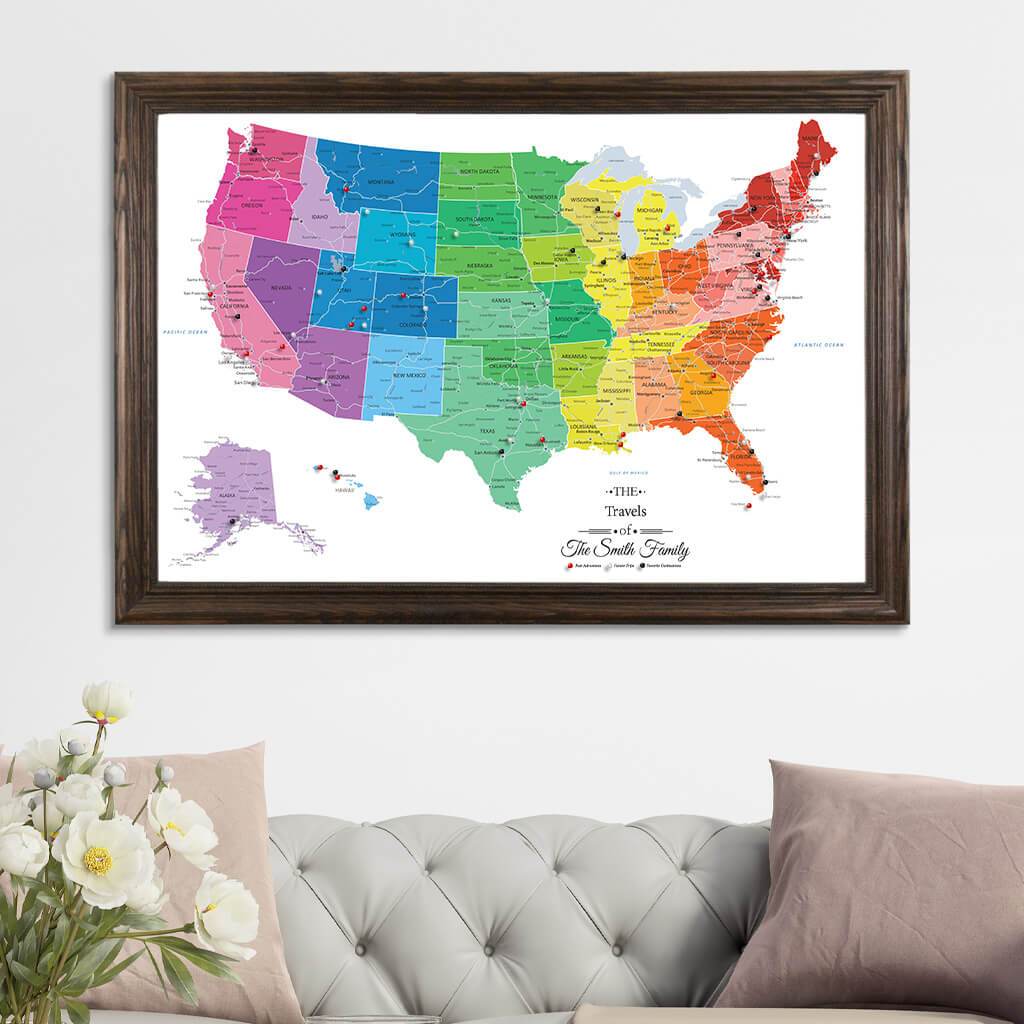 Canvas Colorful USA Travel Map with Solid Wood Brown  Frame