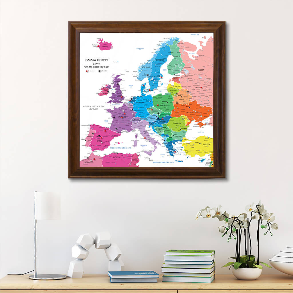 Framed Canvas Colorful Europe Push Pin Travel Map - Square -  Brown Frame