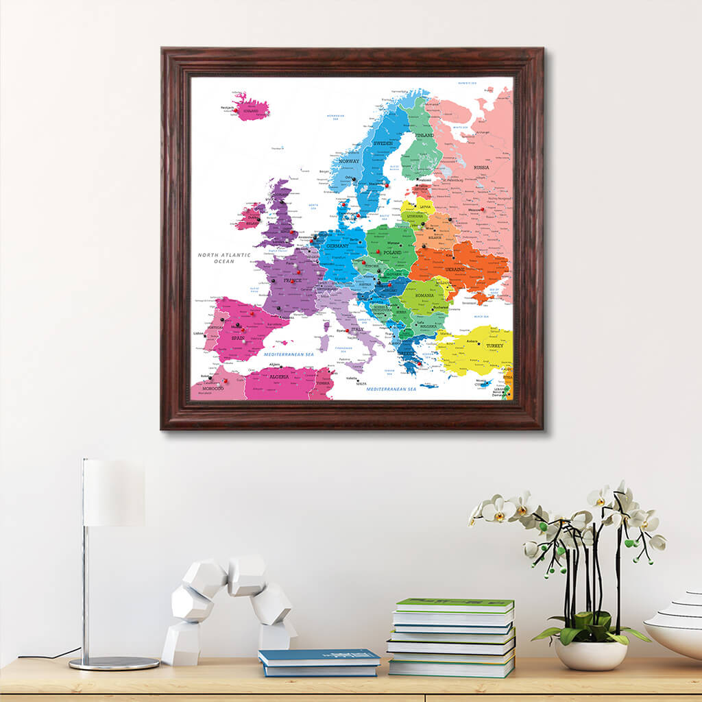 Framed Canvas Colorful Europe Push Pin Travel Map - Square -  Solid Wood Cherry Frame