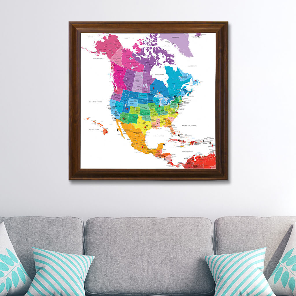 Canvas Colorful North America Travel Map in Brown Frame