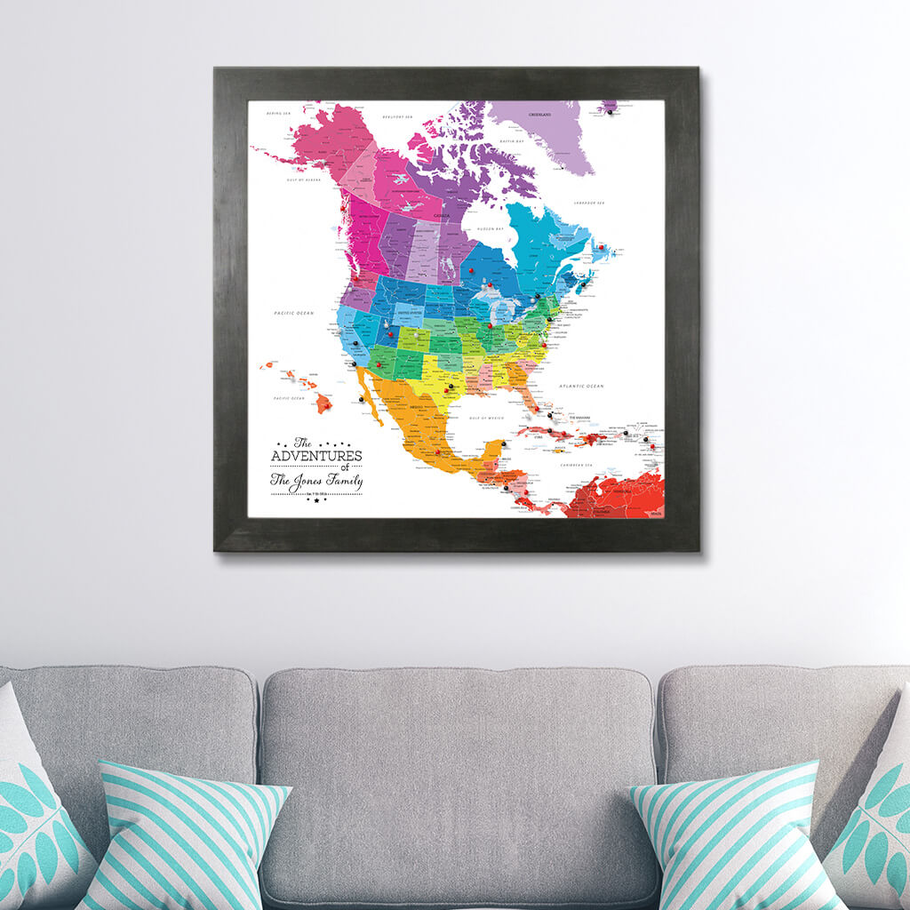 Canvas Colorful North America Travel Map in Rustic Black Frame