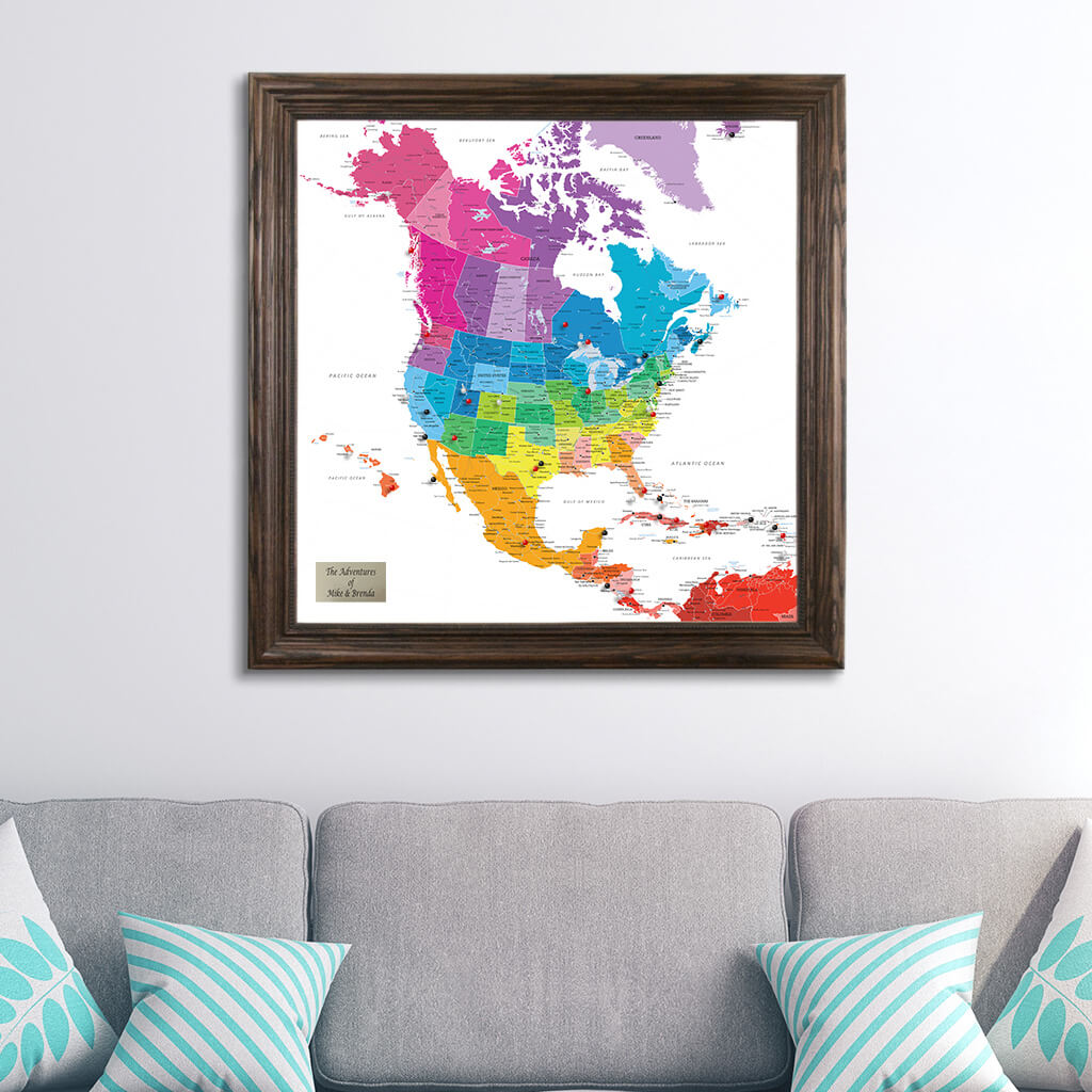 Colorful North America Push Pin Travel Map in Solid Wood Brown Frame