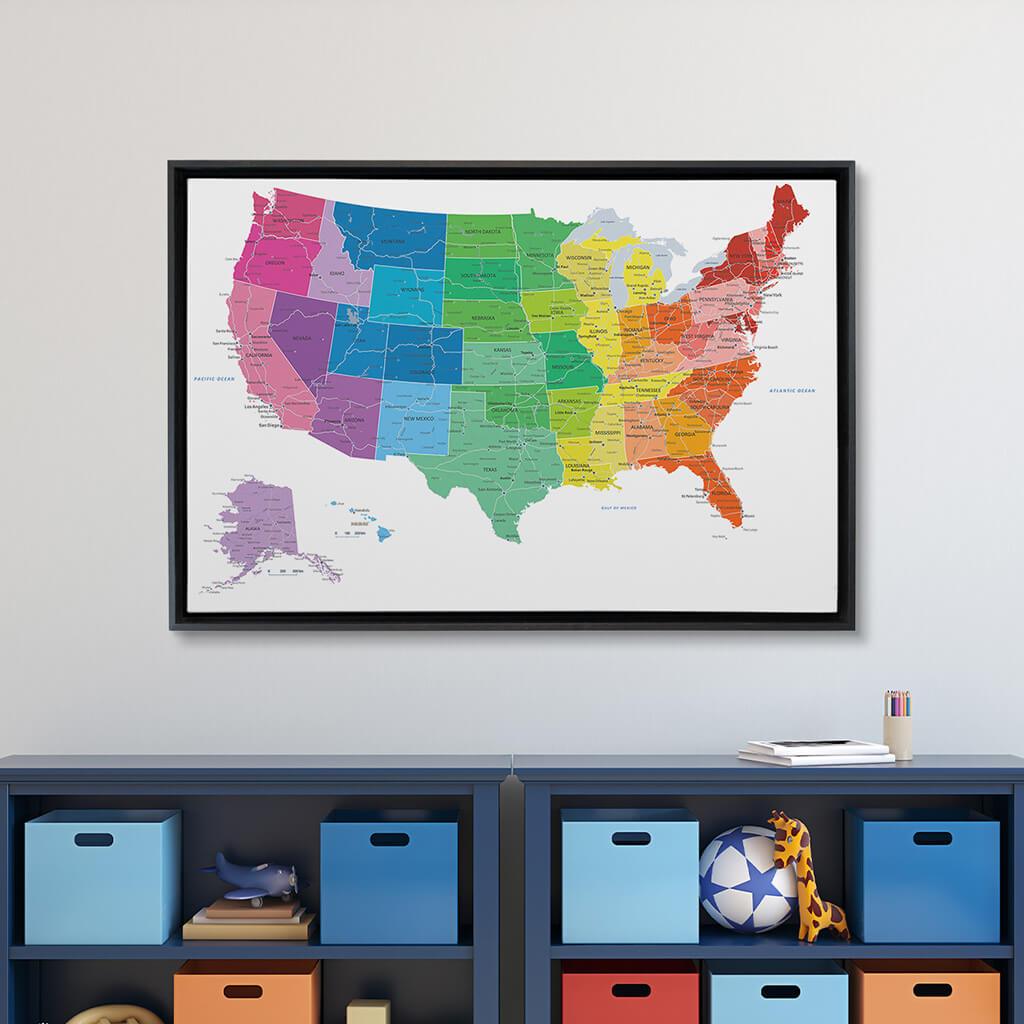 Black Float Frame - 24x36 Gallery Wrapped Canvas Colorful USA Travel Map