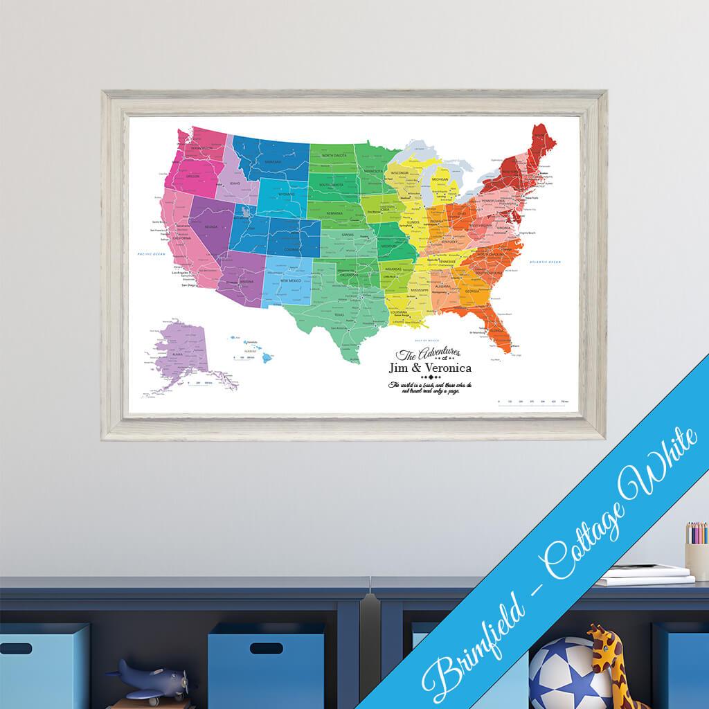 Canvas Colorful USA Travel Map with Brimfield White  Frame