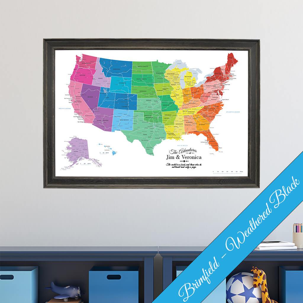 Canvas Colorful USA Travel Map in Brimfield Black Frame