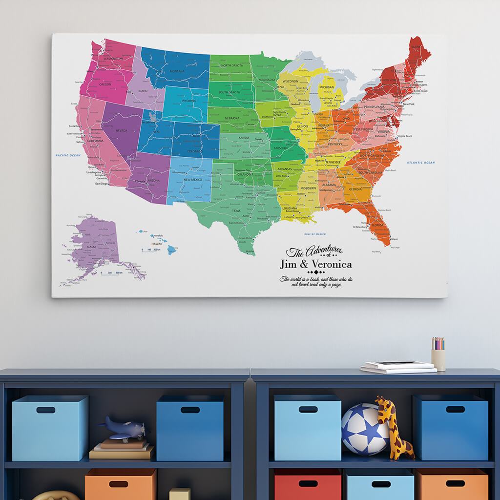 30x45 Gallery Wrapped Canvas Colorful USA Travel Map with pins