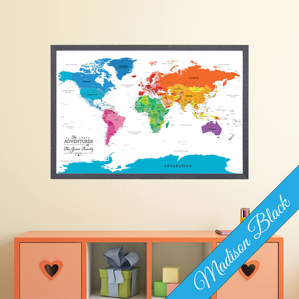 Colorful World Canvas Map in Premium Madison Black Frame