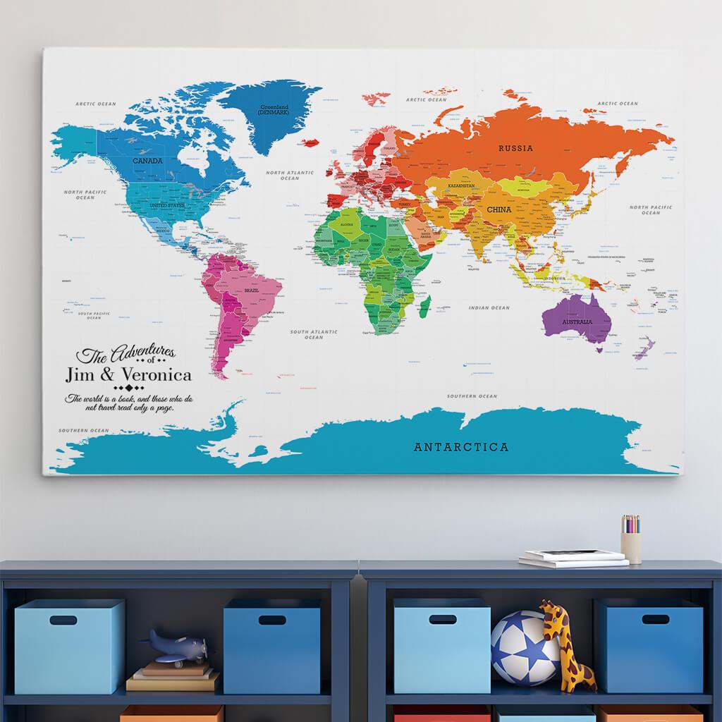 30x45 Gallery Wrapped Colorful World Push Pin Travel Map