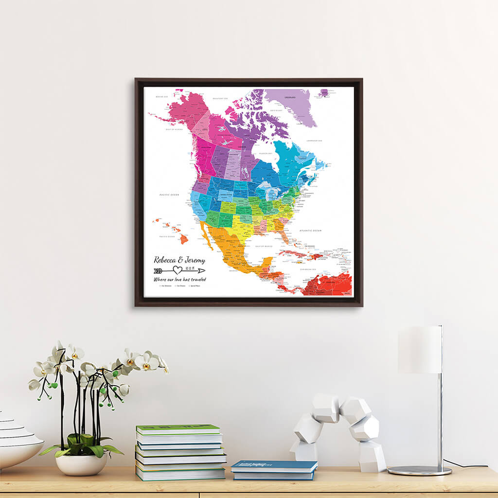 Canvas Gallery Wrapped Colorful North America Map with Pins in Brown Float Frame