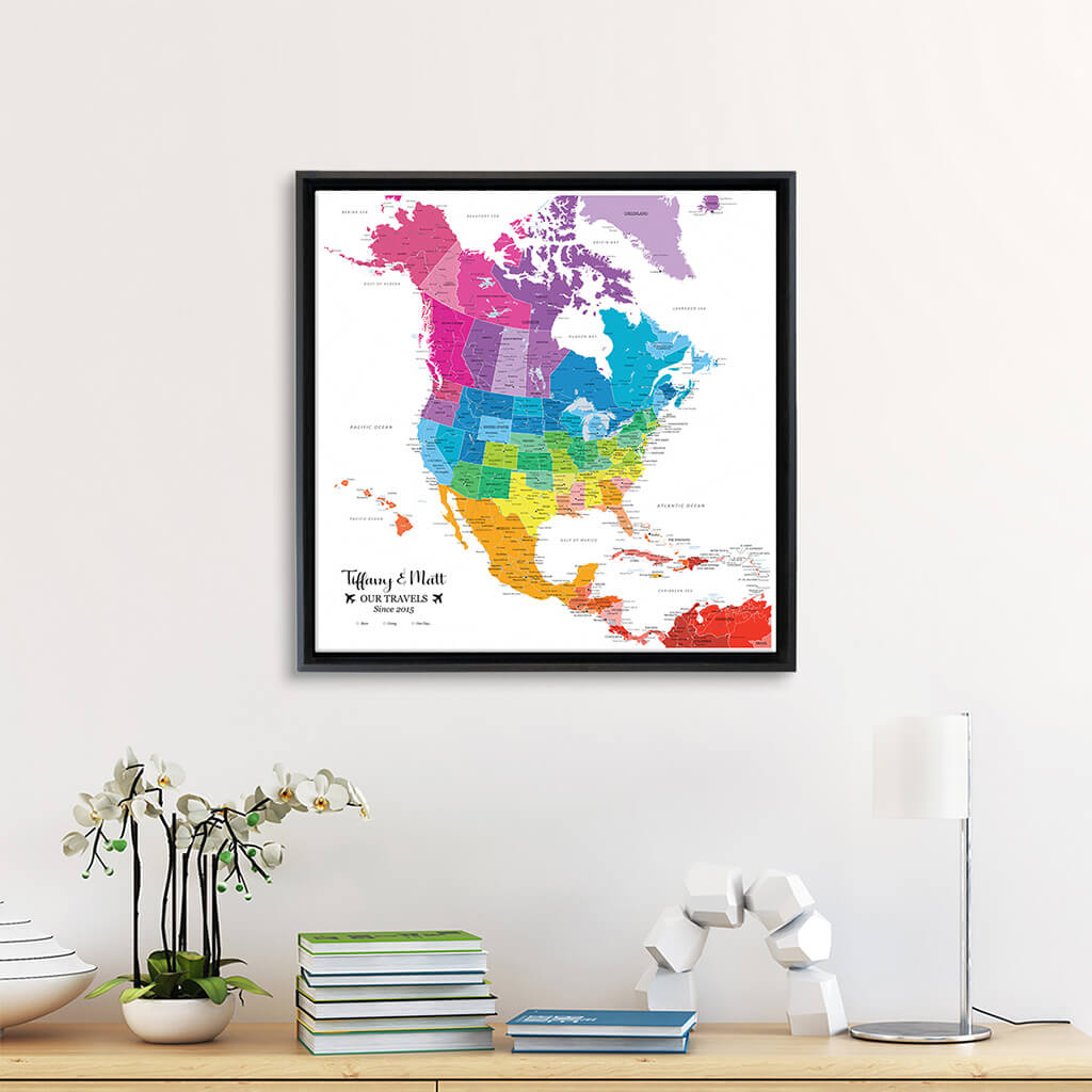 Canvas Gallery Wrapped Colorful North America Map with Pins in Black Float Frame