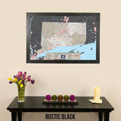 Earth Toned Connecticut State Travel Map Rustic Black Frame