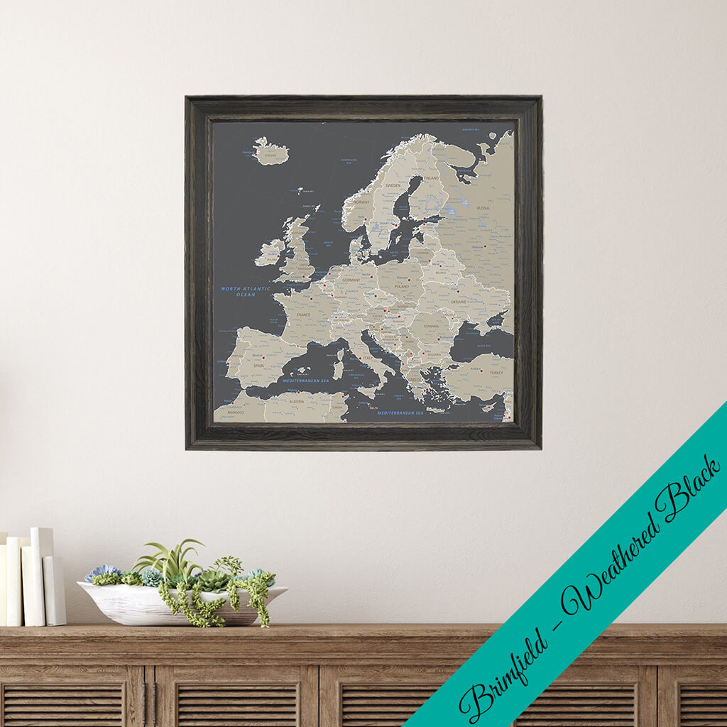 Framed Canvas Square Earth Toned Europe Map in Premium Brimfield Black Frame