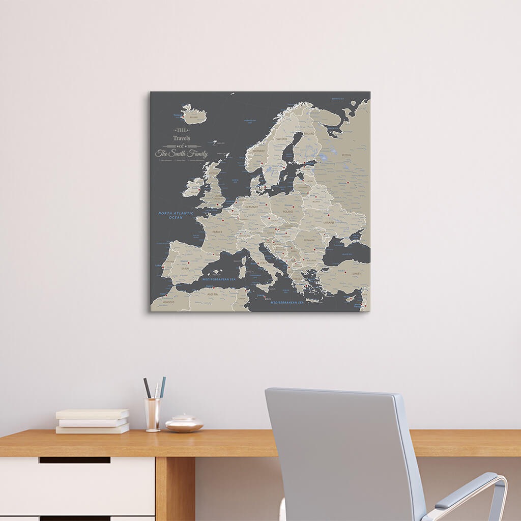 Gallery Wrapped Canvas 24x24" Square Europe Travel Map with Pins