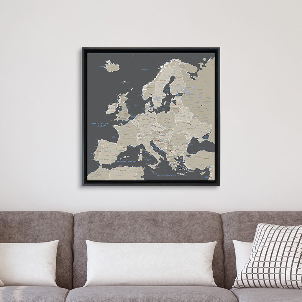 Gallery Wrapped Earth Toned Europe Map - Square - in Black Float Frame
