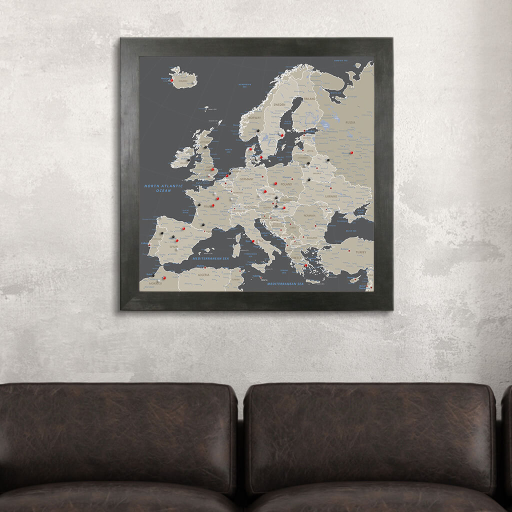 Framed Canvas Square Earth Toned Europe Map in Rustic Black Frame