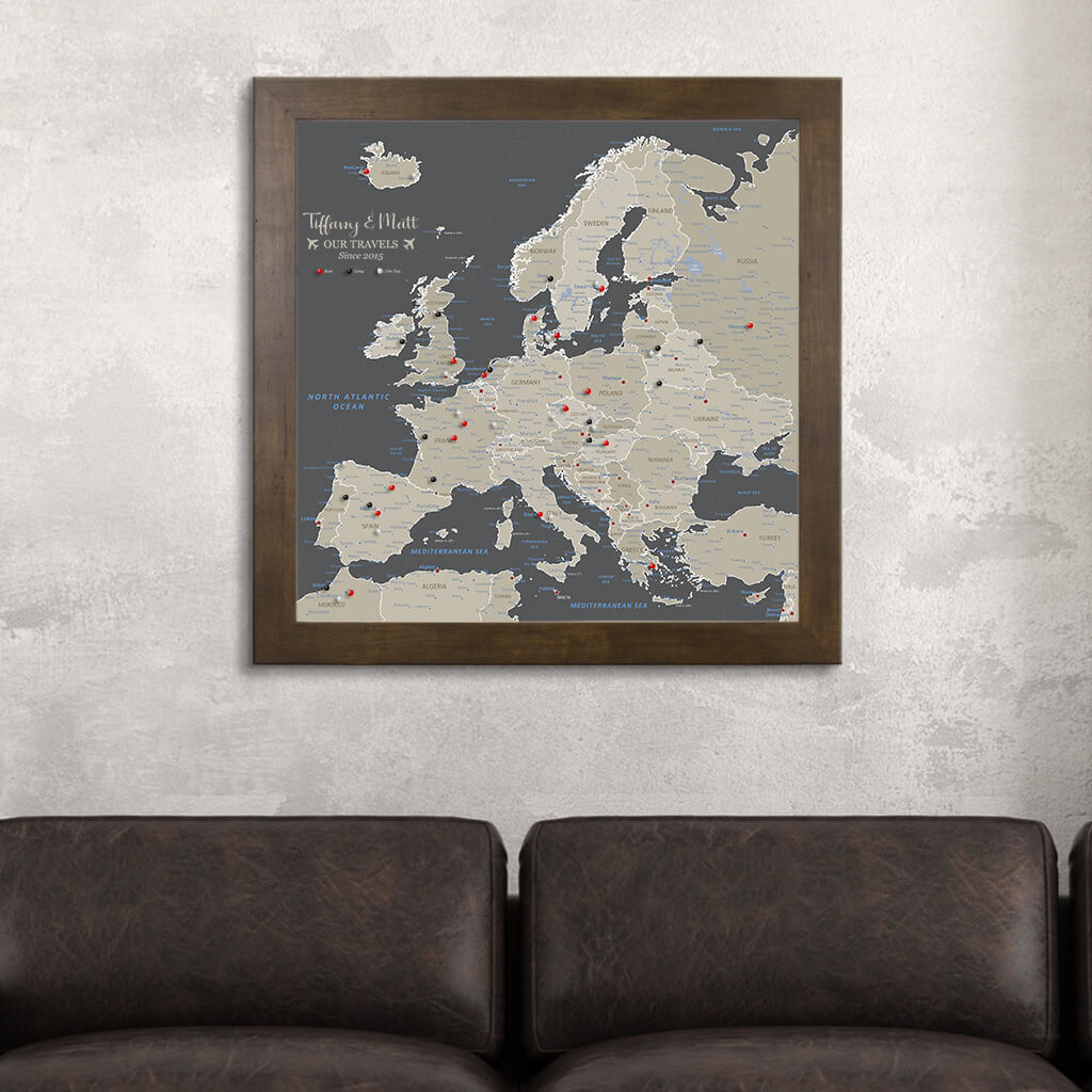 Framed Canvas Square Earth Toned Europe Map in Rustic Brown Frame