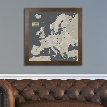 Square Earth Toned Europe Push Pin Travel Map - Rustic Brown Frame