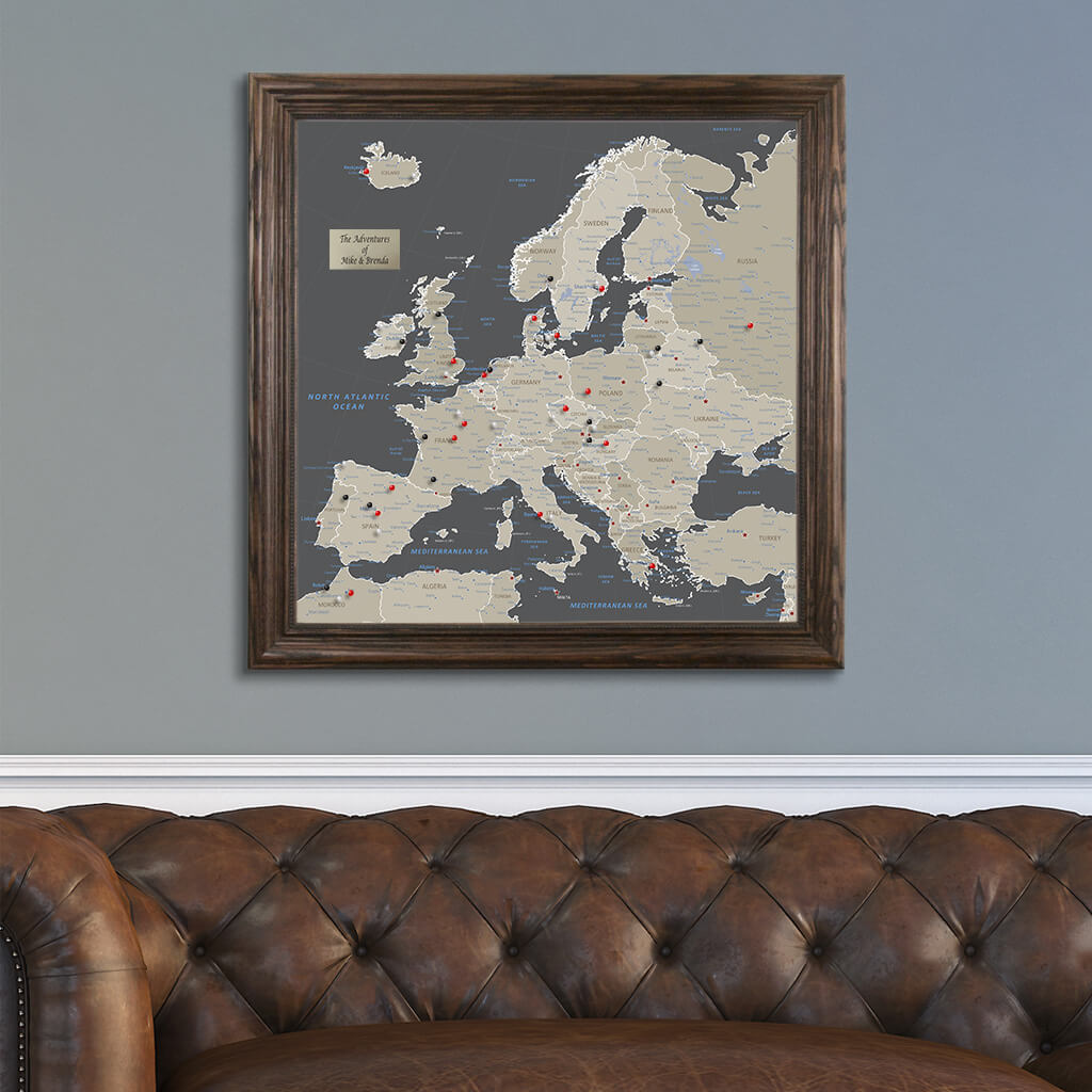 Square Earth Toned Europe Push Pin Travel Map - 24"x24"