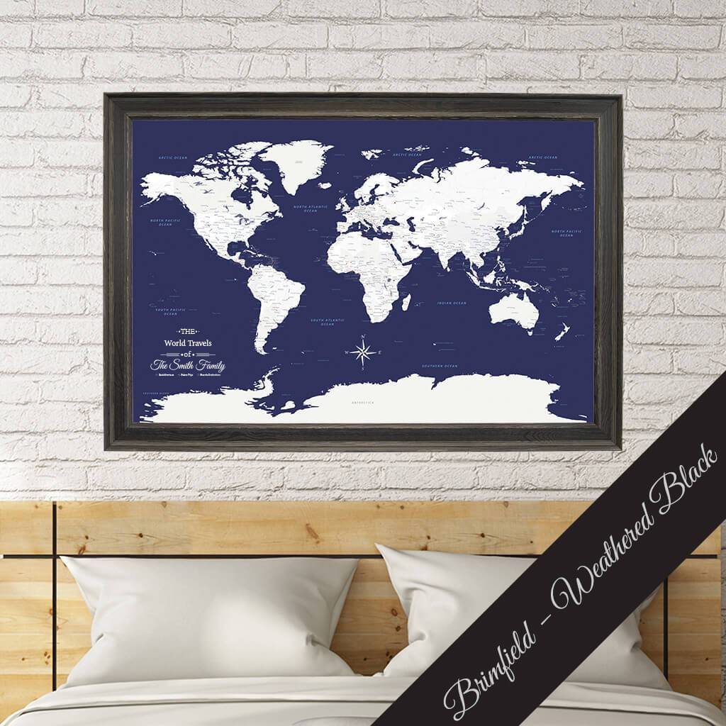 Canvas Navy Explorers World Travel Map in Premium Brimfield Black Frame