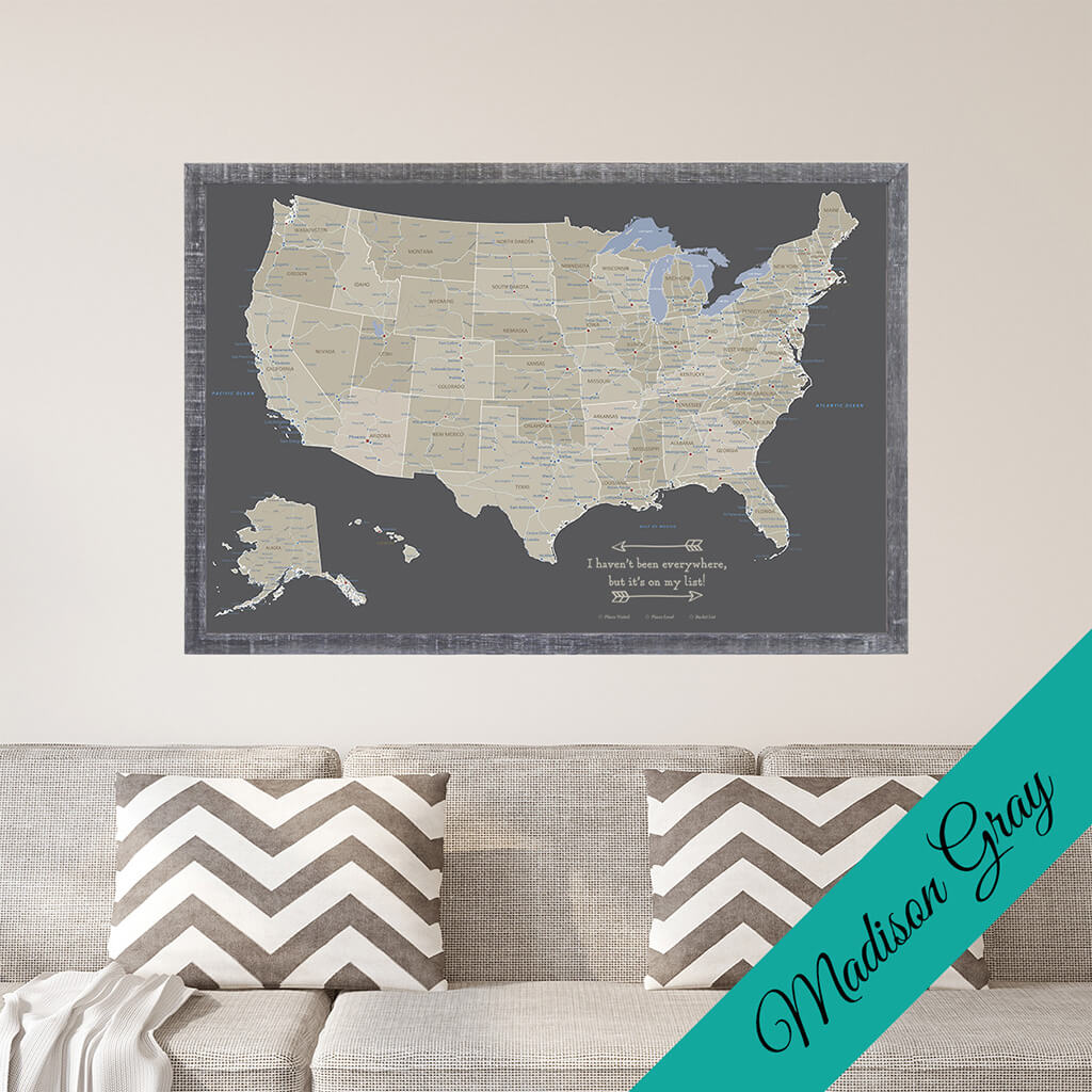 Canvas Earth Toned USA Pin Map in Premium Madison Gray  Frame