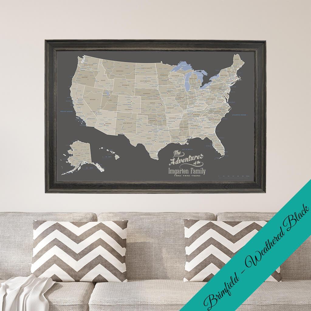 Canvas Earth Toned USA Pin Map in Premium Brimfield Black  Frame