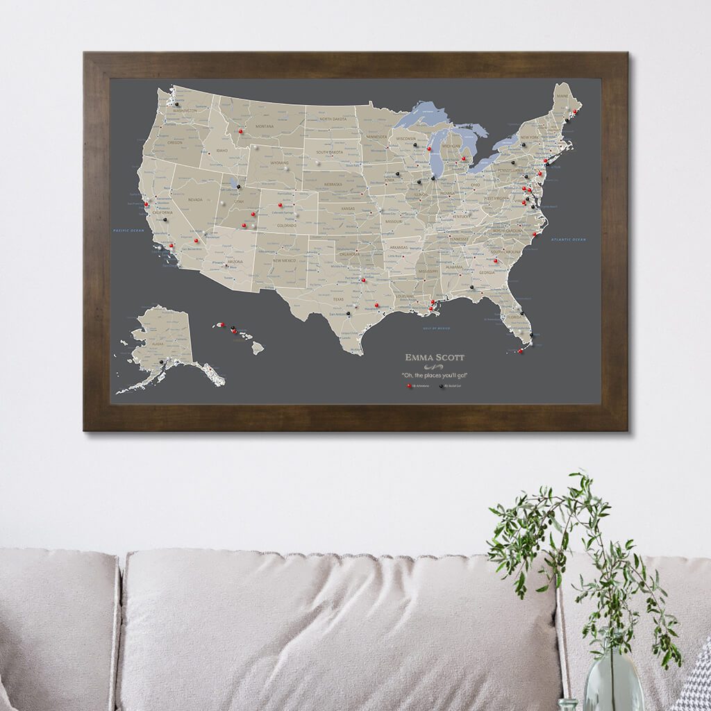 Canvas Earth Toned USA map in Rustic Brown Frame