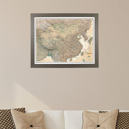 Executive China Push Pin Travel Map in Barnwood Gray Frame