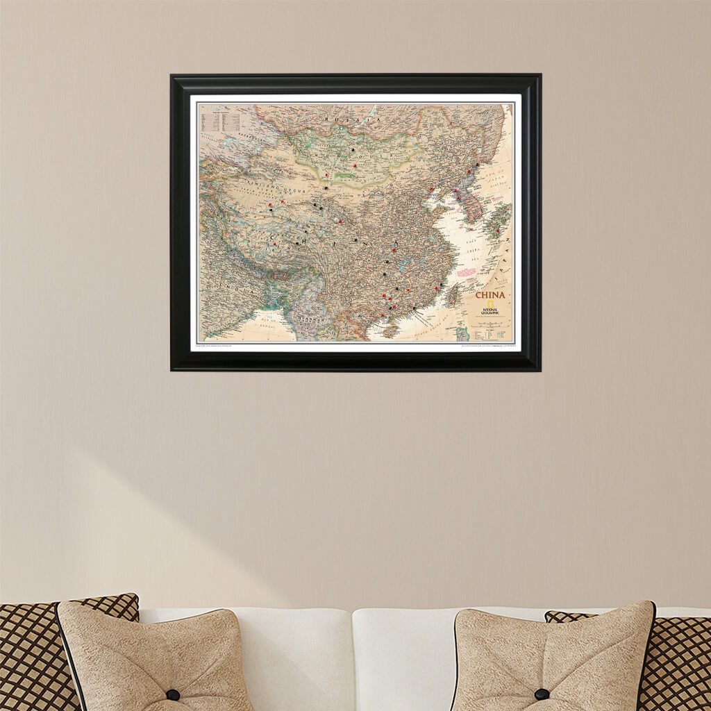 Executive China Push Pin Travel Map in Black Frame