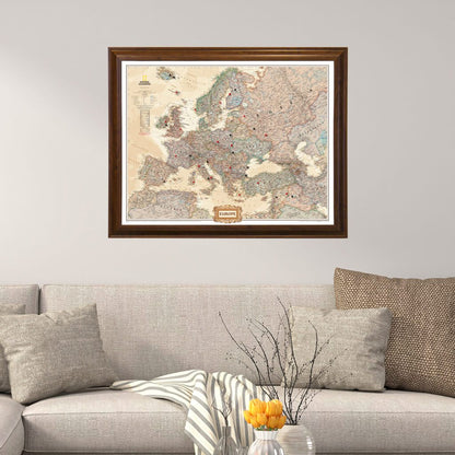 Executive Europe Push Pin Travel Map in Brown Frame